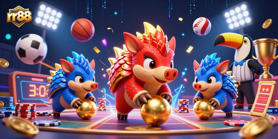 Join the action at rr88 as pangolins roll through poker chips, surrounded by gold and sports elements.