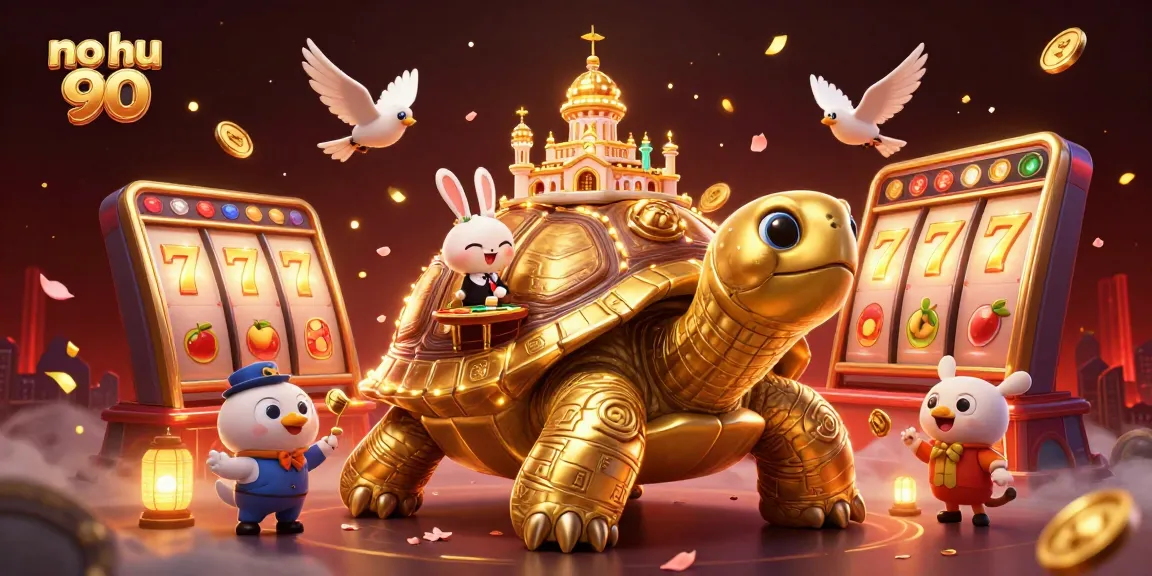 Experience the thrilling no hu 90 slots with a vibrant 3D casino scene featuring a golden tortoise and a rabbit dealer.