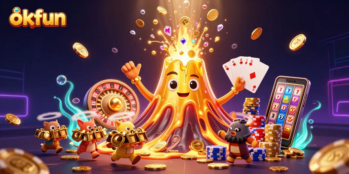 Experience dynamic fun at okfun with a 3D golden volcano erupting treasures and exciting casino elements