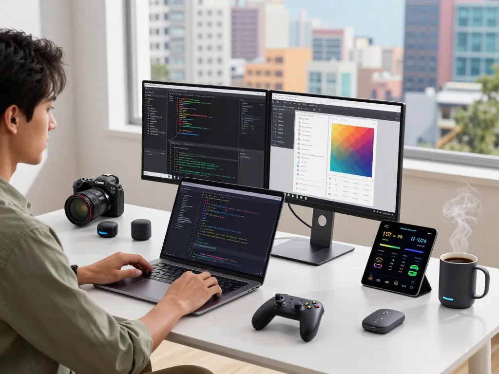 Dynamic tech workspace showcasing must have tech gadgets in a productive environment with Bluetooth devices and professional setup.