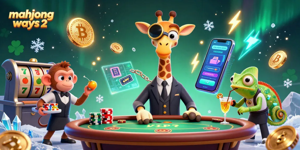 Engage in mahjong ways 2 action with a vibrant casino scene featuring a giraffe, monkey, and chameleon.