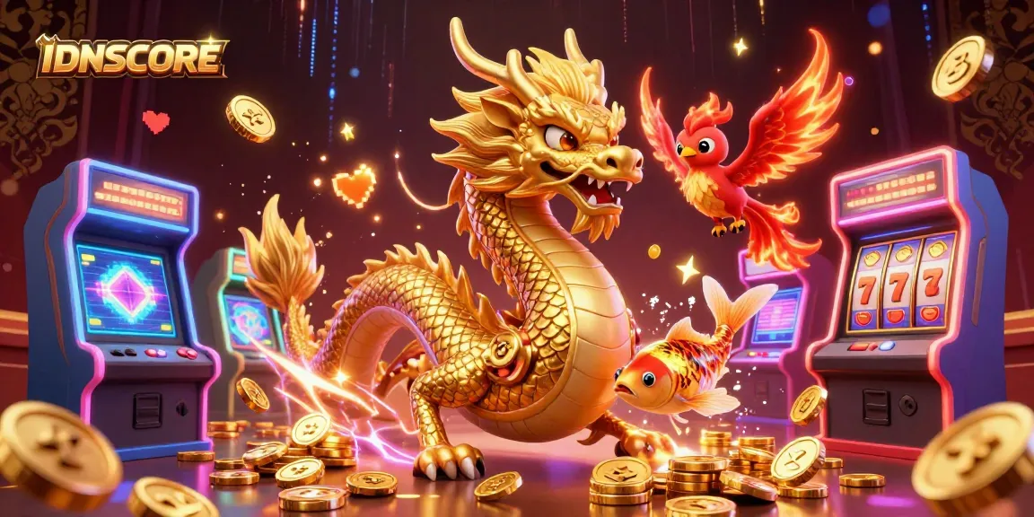 Experience thrilling actions with IDNSCORE in a majestic casino scene featuring a dragon and phoenix.