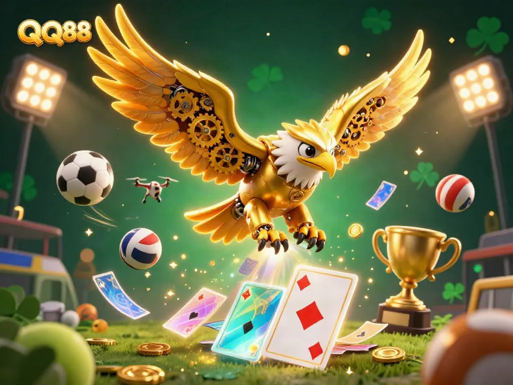 Experience thrilling gameplay at QQ88 with a golden eagle amidst sports action and card elements.