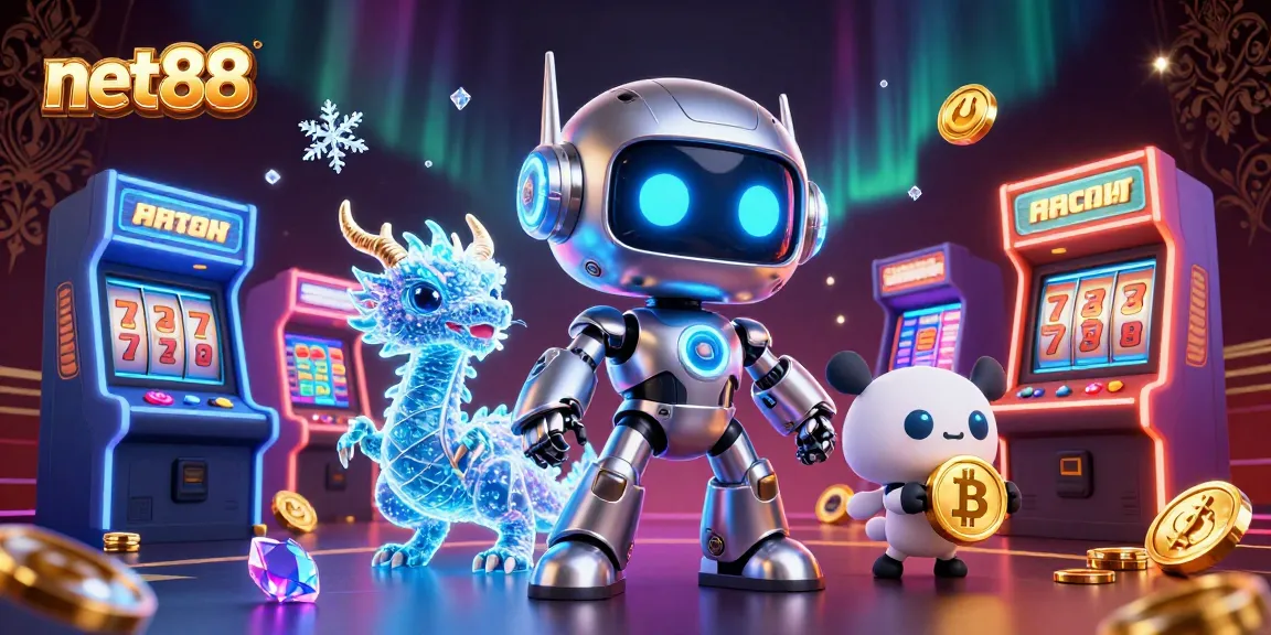Experience thrilling casino action with net88 featuring a cyberpunk robot, dragon, and bitcoin drone.