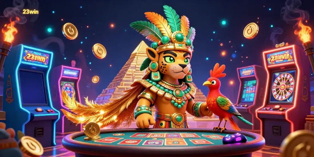 Engage in thrilling gameplay with 23win's vibrant casino scene featuring a Mayan jaguar priest.