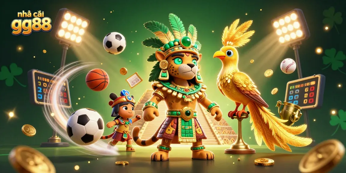 Engage with the excitement of nhà cái gg88 through this vibrant 3D illustration featuring dynamic sports betting elements and a Mayan priester guide.