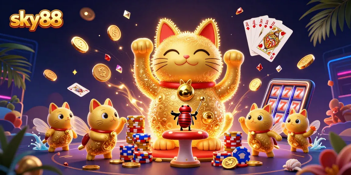 Play and win at sky88 with a lively scene featuring a lucky cat and casino symbols.