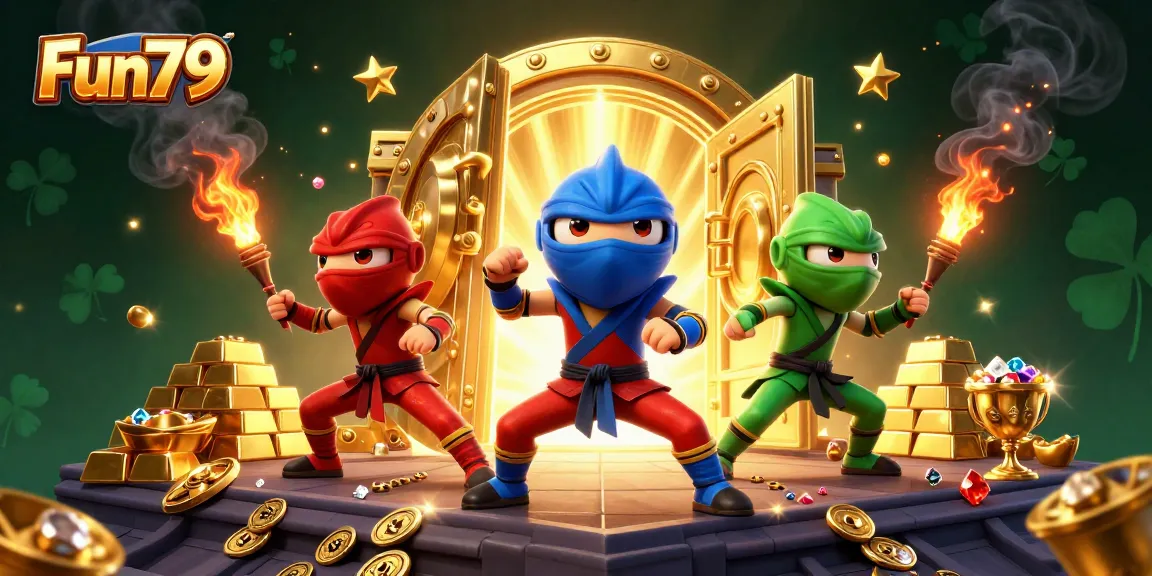 Experience thrilling gaming action with Fun79's vibrant chameleon ninjas surrounded by treasures.
