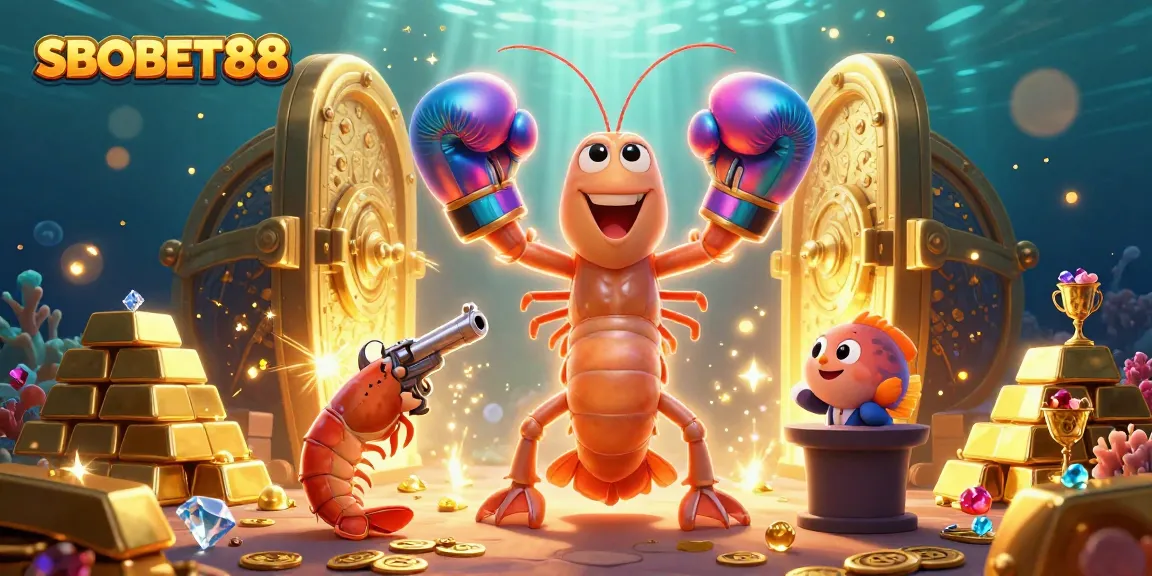 Menyaksikan SBOBET88 dengan mantis udang, shrimp pistol, dan grouper koral, dikelilingi tumpukan emas dan berlian, dalam suasana kasino yang ceria.
