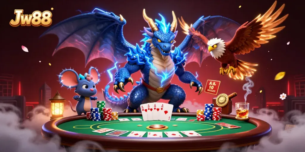 Experience thrilling poker action at Jw88 with dynamic characters and vibrant casino elements.