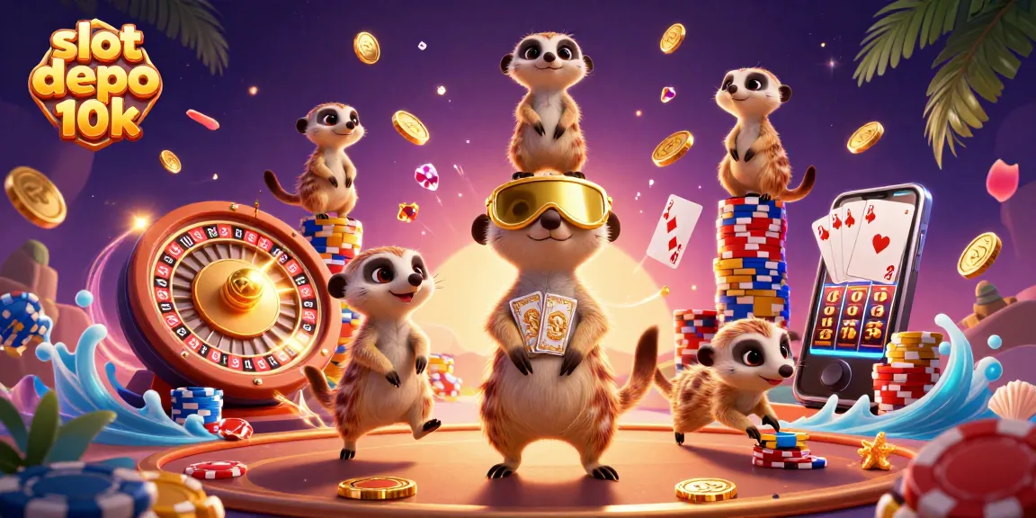 Experience the excitement of slot depo 10k with cartoon meerkats in a vibrant casino, featuring dynamic gaming elements.