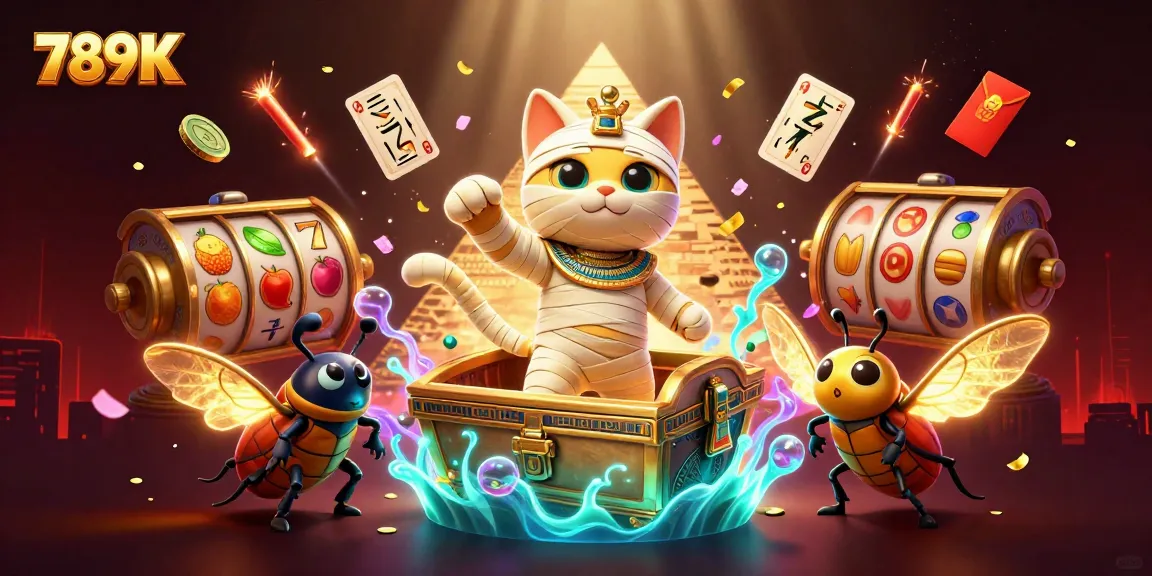 Spin the reels with 789K as the Egyptian mummy cat bursts from a sarcophagus in a vibrant casino.