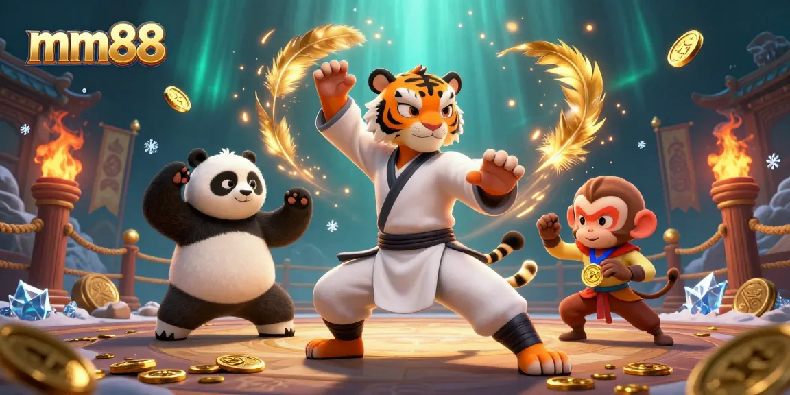 Experience thrilling action at mm88 with a kung fu tiger master, panda disciple, and mischievous monkey in an immersive casino setting.