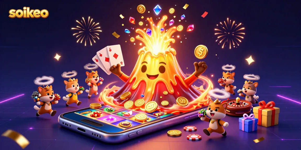 Spin, win, and enjoy the excitement with soikeo's vibrant 3D gaming illustration featuring a golden volcano and treasures.