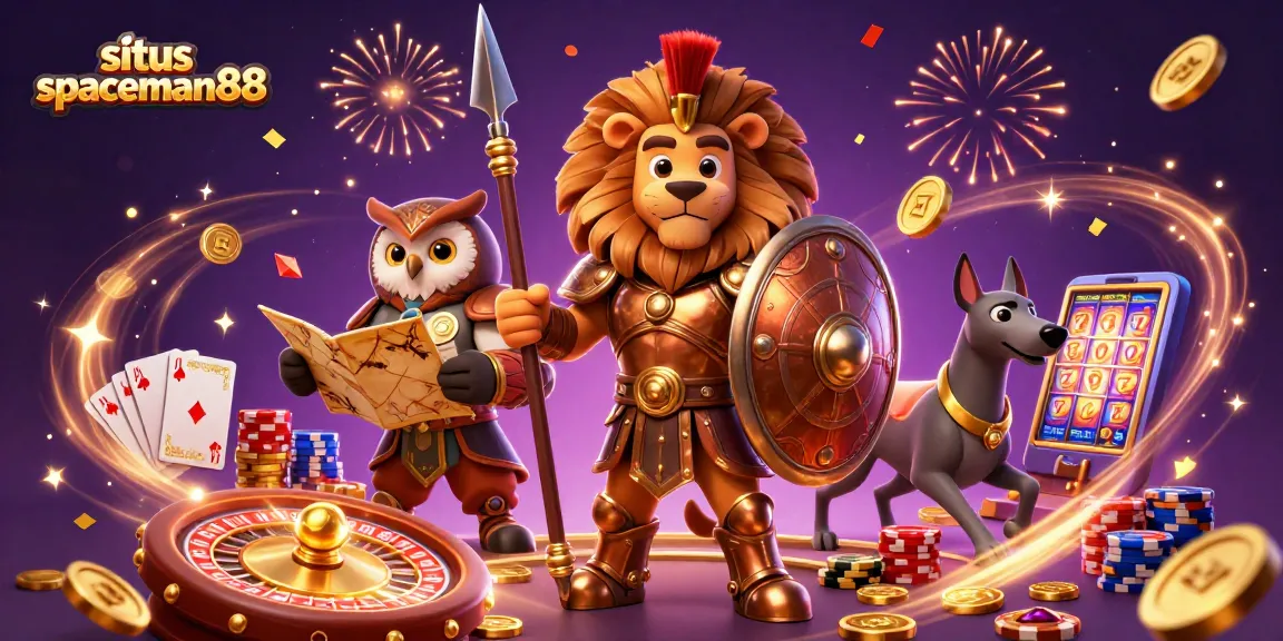 Situs spaceman88 unveils thrilling gameplay with a Spartan lion, tactical owl, and swift greyhound amidst cascading coins and roulette excitement.