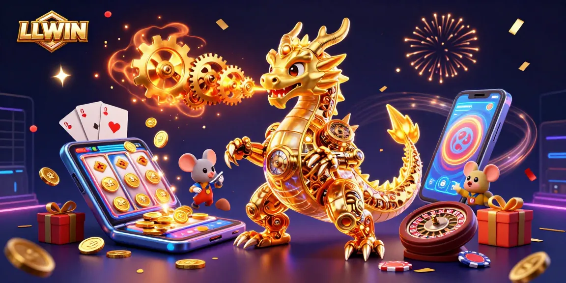 LLWIN showcases a golden dragon with intricate clockwork, surrounded by vibrant casino elements.