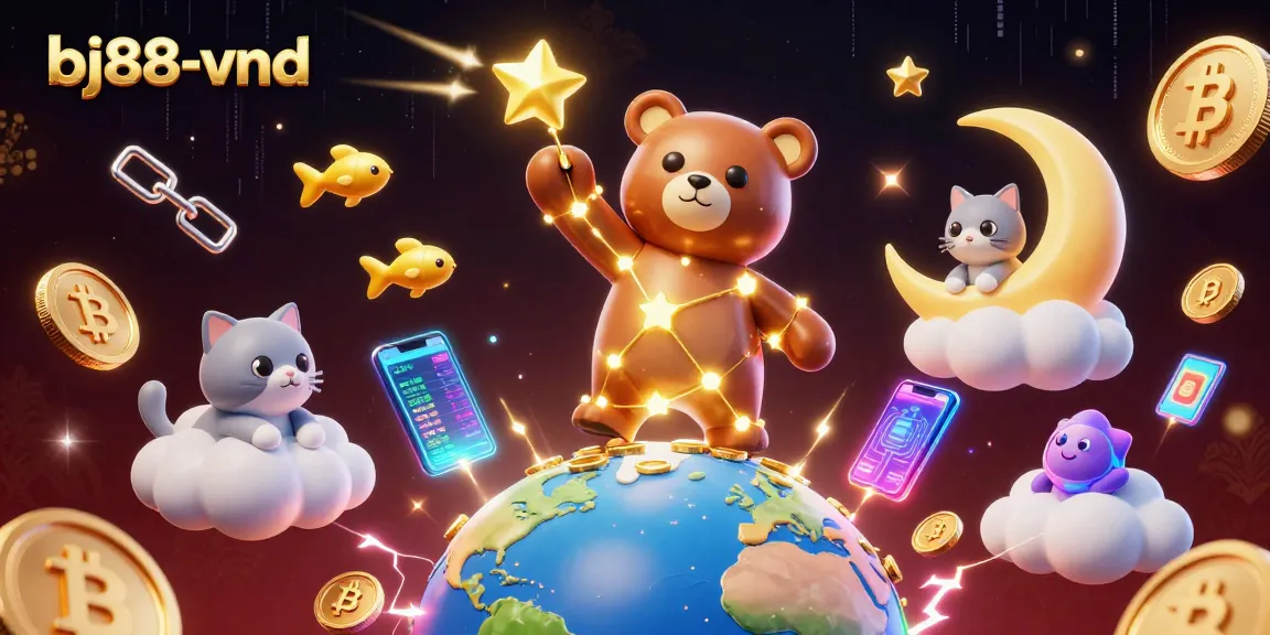 Engage in thrilling visuals featuring bj88-vnd casino with cosmic bear, shining coins, and vibrant crypto elements.