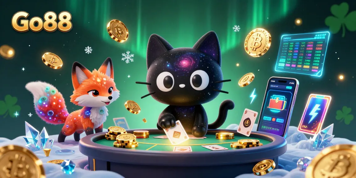 Experience the thrill of Go88 as a cosmic cat wins with golden chips in a vibrant casino.