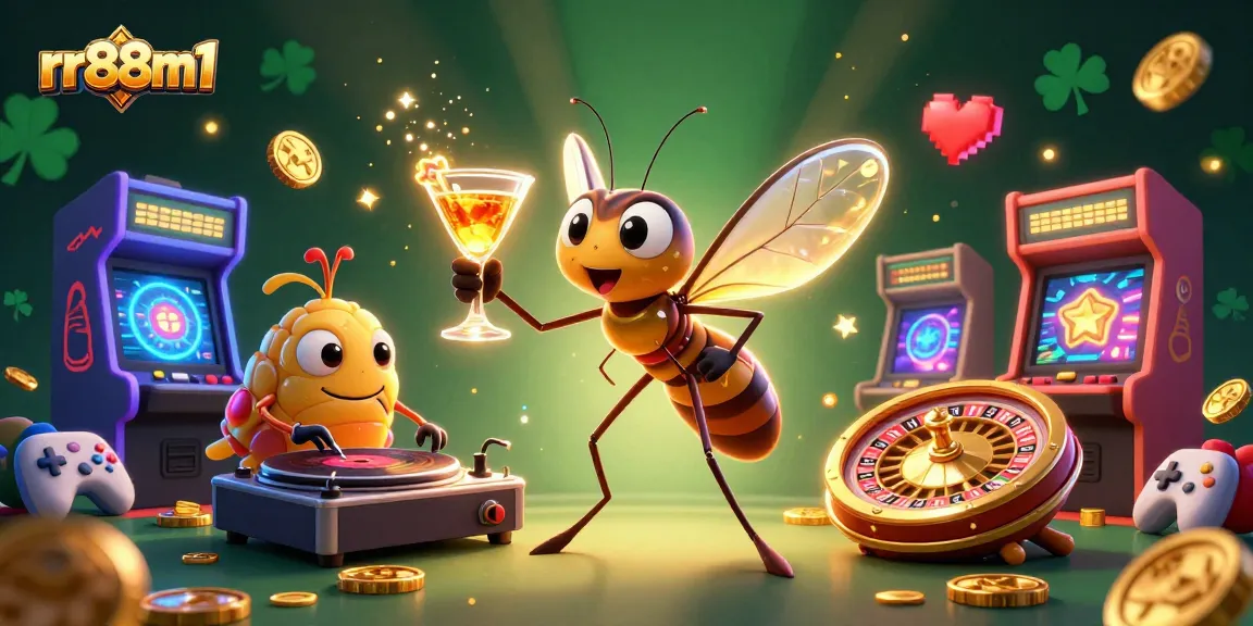 rr88m1 showcases a vibrant casino experience with a frozen mosquito mascot, DJ trilobite, and golden roulette, creating excitement.