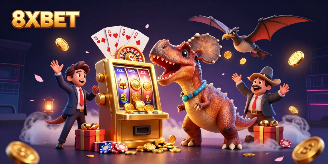 Winning at 8XBET with a dynamic cartoon scene of gambling excitement and jackpots.