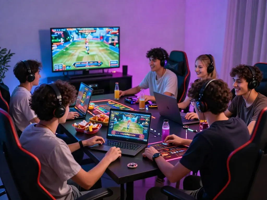 Exciting gaming scene with friends enjoying casino games from https://man88pro.com/ at home.