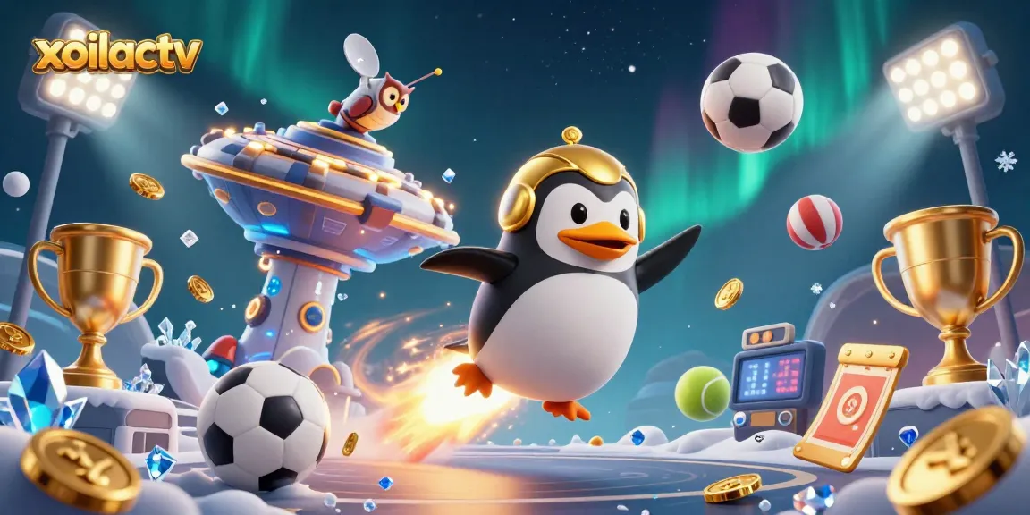 Experience the thrill of xoilactv with a vibrant gaming scene featuring golden penguins and sports elements.