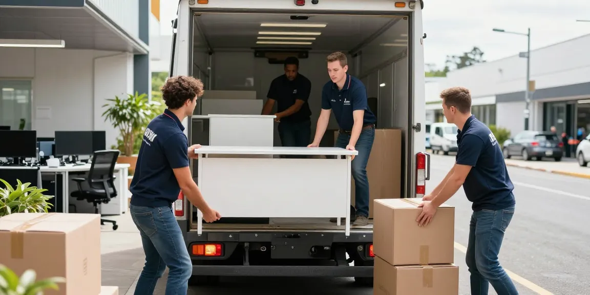 Commercial movers Tauranga loading office furniture into a truck, showcasing teamwork and professionalism in a vibrant office environment.