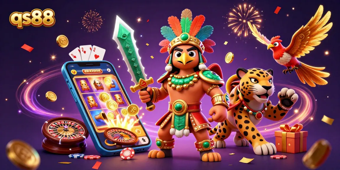Engage in thrilling slot action with qs88 as Aztec warriors celebrate in a colorful casino scene.