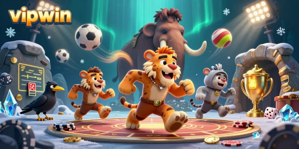 Experience the thrill of vipwin at a prehistoric casino with caveman characters and dynamic gaming action.