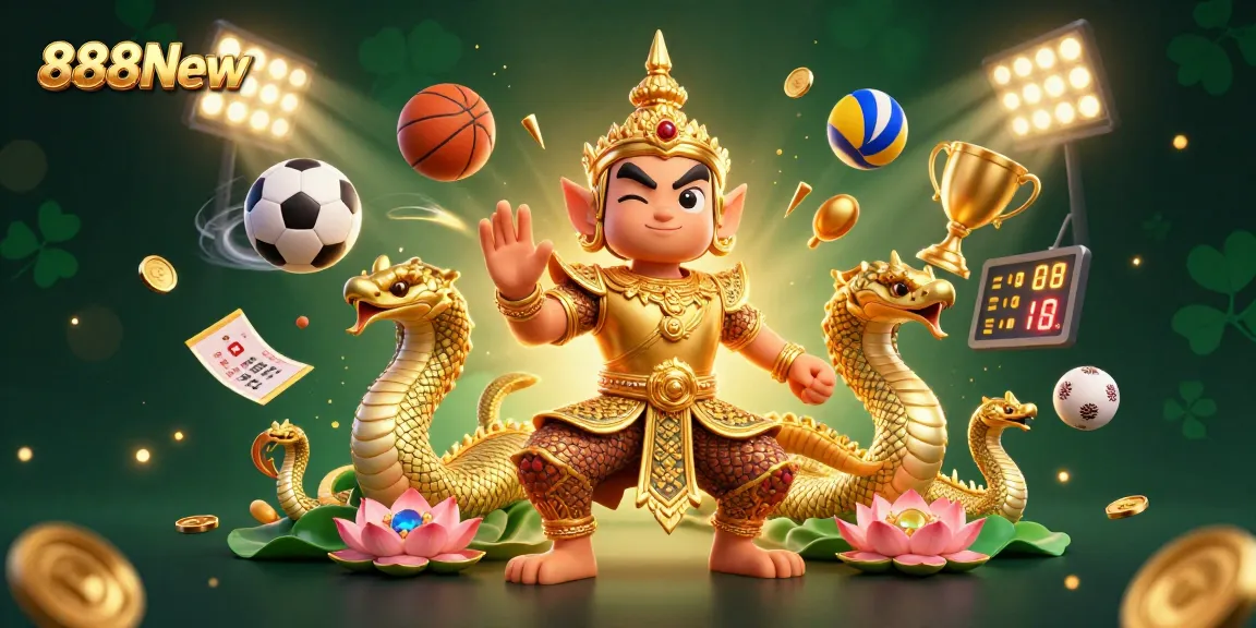 Engage in thrilling games at 888New, featuring a vibrant 3D casino scene filled with sports action elements.