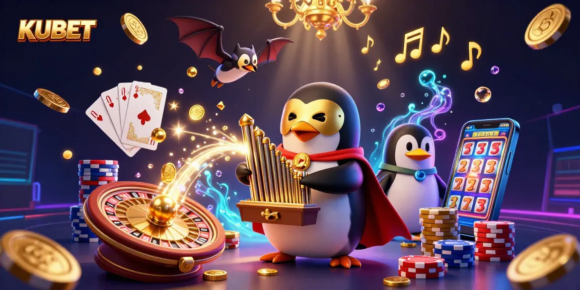 KUBET Penguin playing organ showering golden coins, bat acrobat above, dynamic casino scene