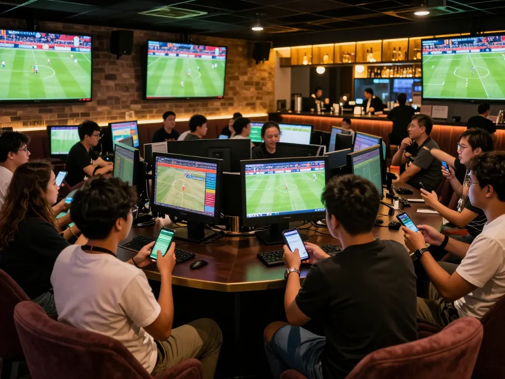 Kèo Nhà Cái Hôm Nay enthusiasts engaging in live betting during a football match, showcasing excitement and strategy.