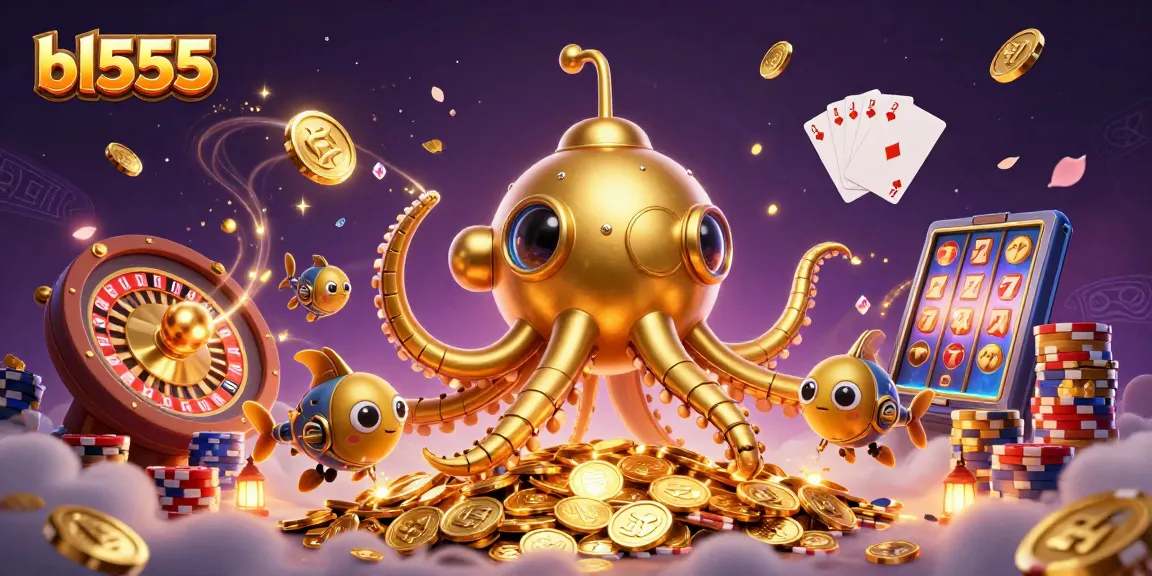 Experience thrilling gaming at bl555 with a grand kraken submarine amidst cascading coins and vibrant casino action.