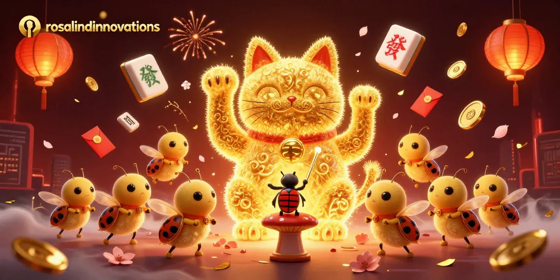 Experience vibrant gameplay at rosalindinnovations with a golden lucky cat and casino symbols in a dynamic 3D scene.