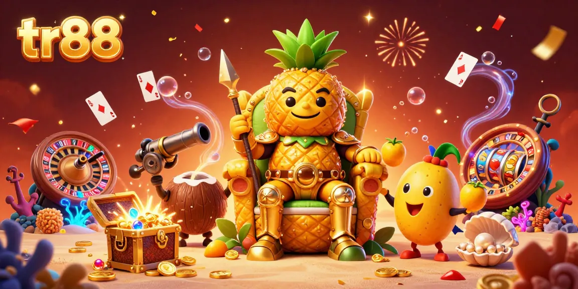 Engage in vibrant gaming adventures at tr88, where a golden pineapple king reigns over a beach casino surrounded by treasures.