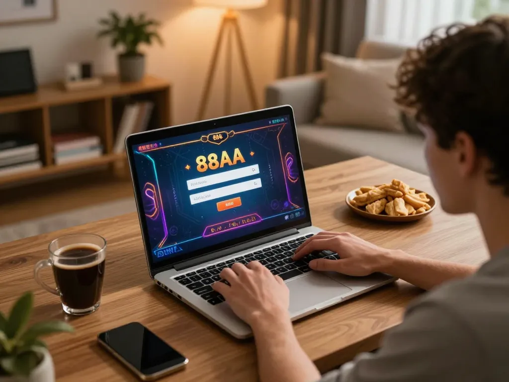Player engaging with 88aa đăng nhập on laptop, showcasing a cozy online gaming environment.