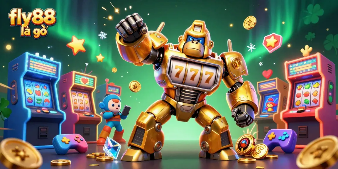 Experience the excitement of fly88 là gì with a dynamic 3D casino scene featuring a golden mech and gaming elements.