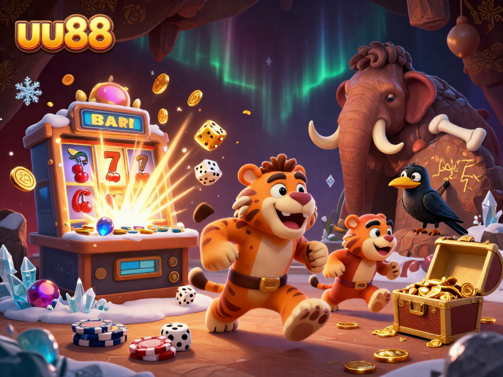 Engage in thrilling gameplay at uu88 with a lively prehistoric casino scene showcasing iconic casino elements.