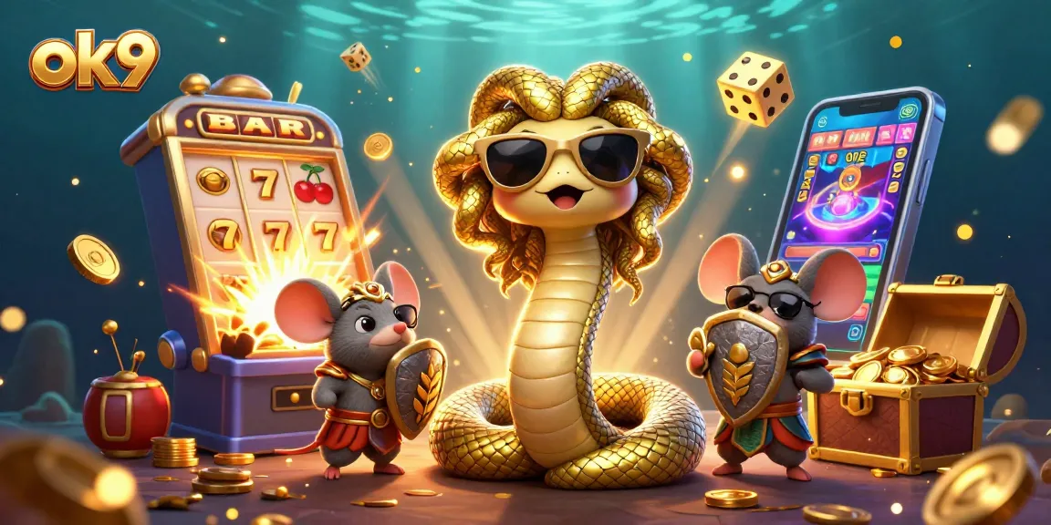Spin to win with exciting gaming elements at ok9, featuring vibrant slot machines and playful characters.