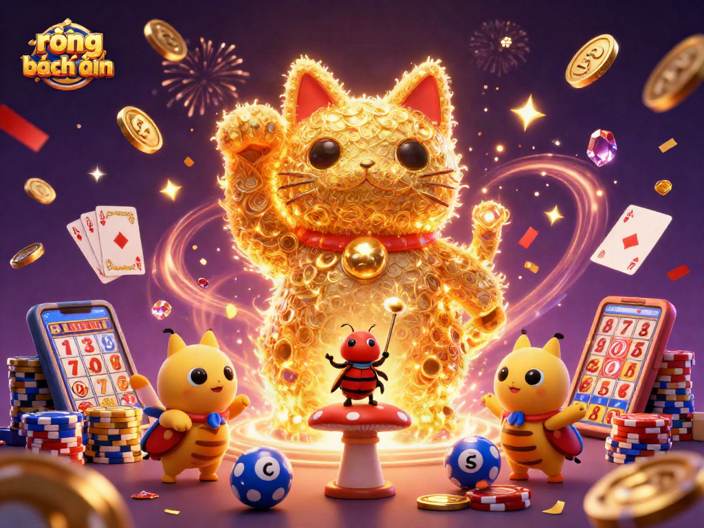Engage with rồng bạch kim as golden fireflies create a lucky cat shape amidst vibrant casino symbols.