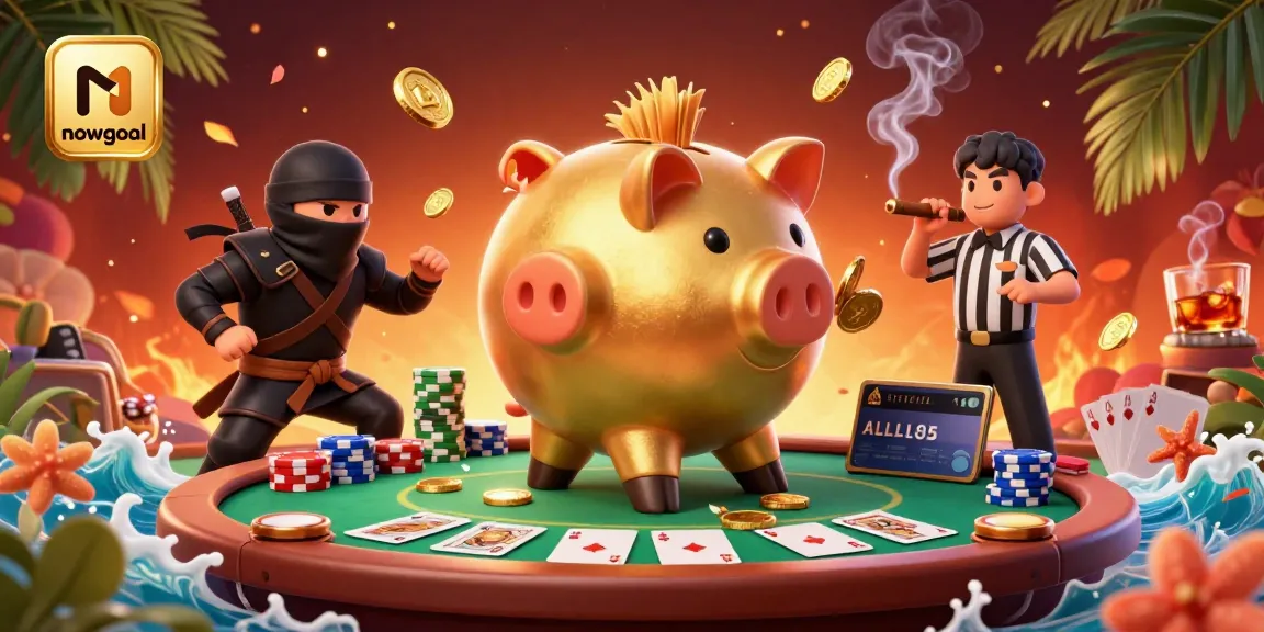 nowgoal elevates your gaming with golden piggy banks and poker action in a vibrant scene.
