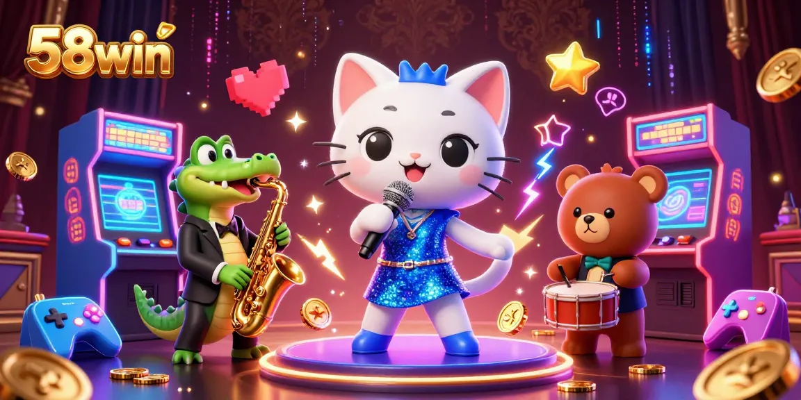Experience the excitement at 58win with a vibrant casino stage featuring animated musicians and gaming elements.