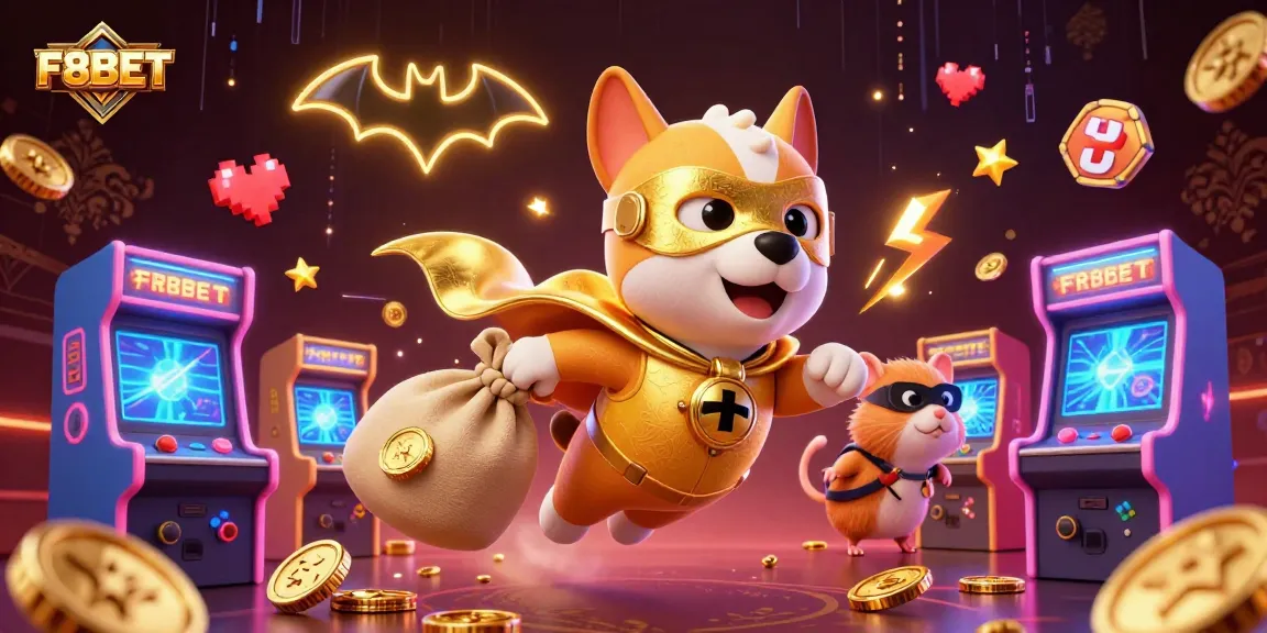 F8BET superhero dog flies with a bag of gold coins amid colorful casino game elements.