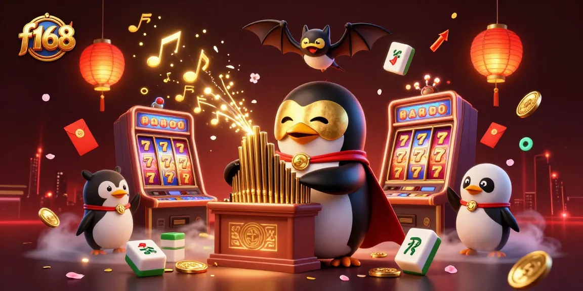 Experience the f168 thrill with a vibrant casino scene featuring a penguin and glamorous elements.