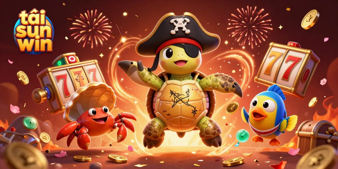 Join the adventure with tải sun win as the pirate turtle navigates a treasure-filled casino scene.