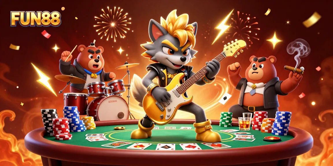 Experience the excitement of FUN88 as a rock star wolf and drummer bear light up a vibrant casino stage.