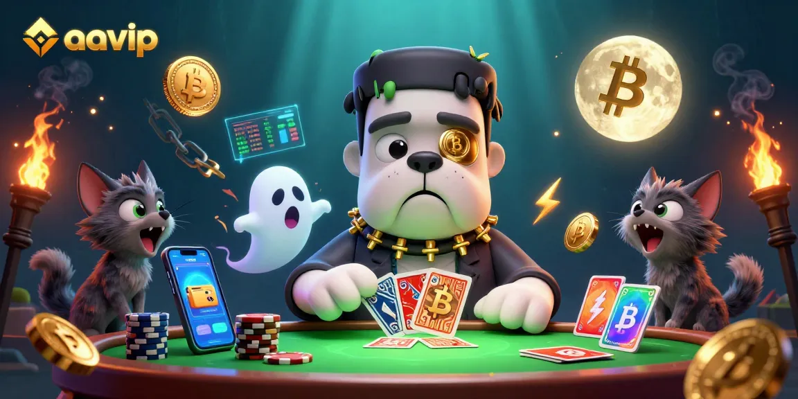 Engage with aavip's dynamic casino scene featuring fun characters and cryptocurrency elements.