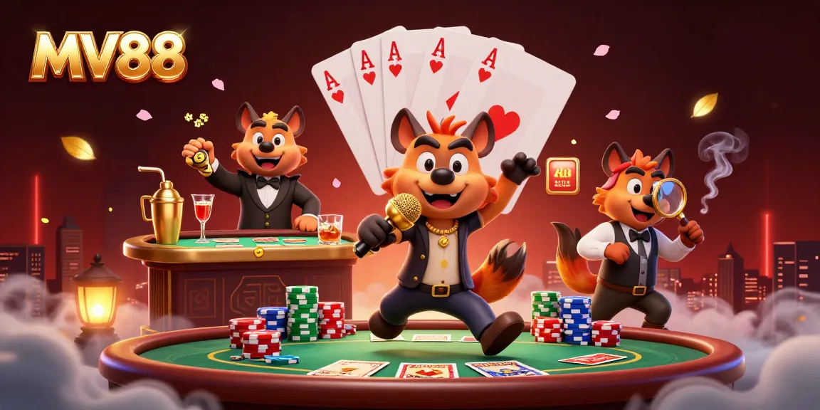 MV88 hyenas in a comedy casino with a stand-up act, poker tables, and vibrant casino elements.