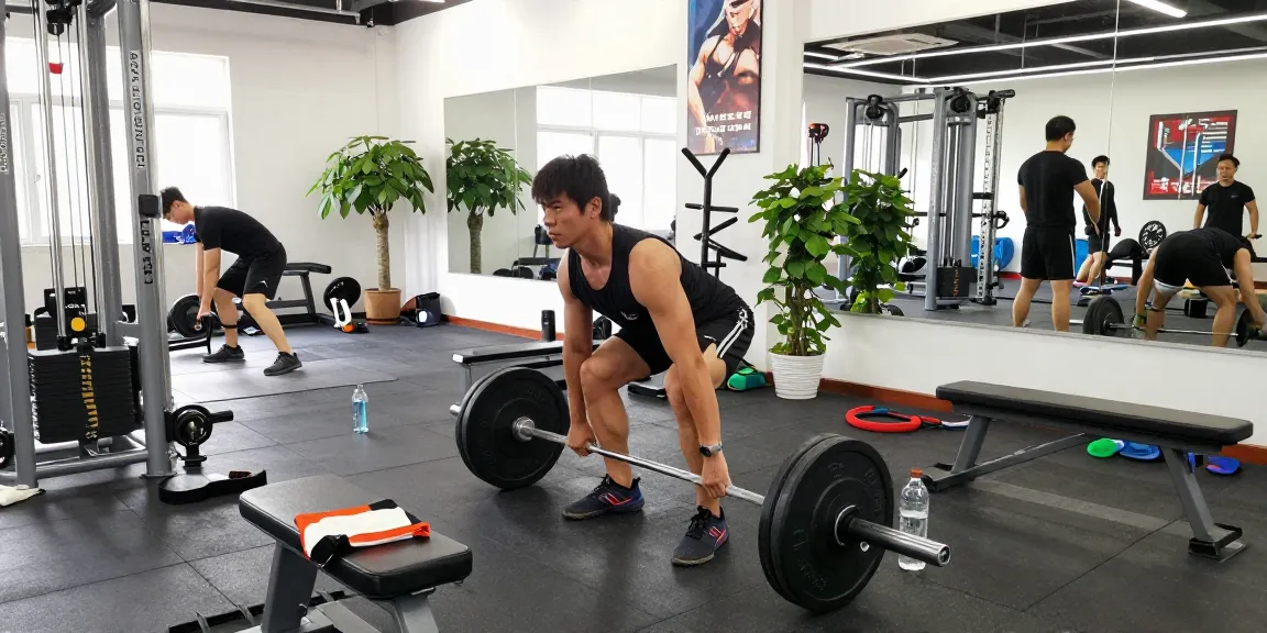 Bodybuilder showcasing strength in the Anabolika Shop gym, performing a deadlift surrounded by weight training equipment.
