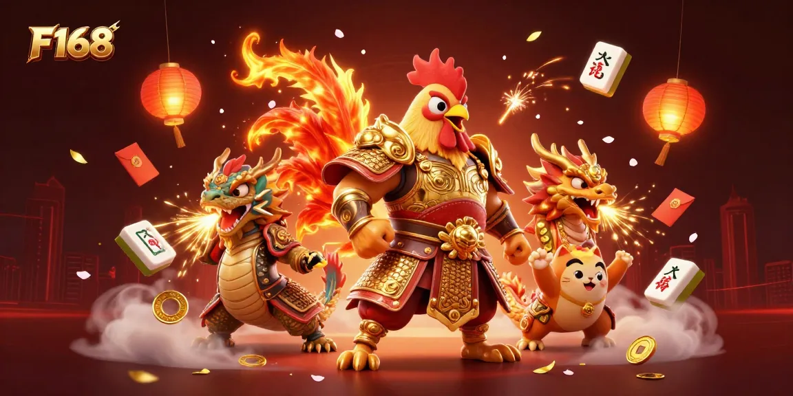 Experience vibrant action at F168 with a powerful rooster warrior and dragon hatchling in a rich casino scene.